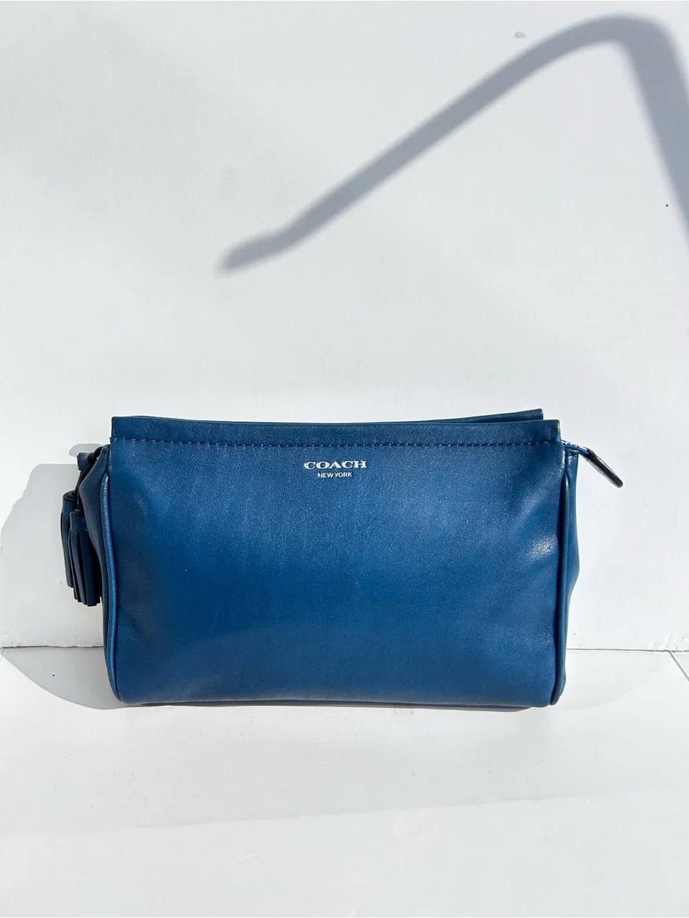 COACH New York Slate Blue Smooth Leather Tassel Clutch Pouch Wristlet Cosmetic